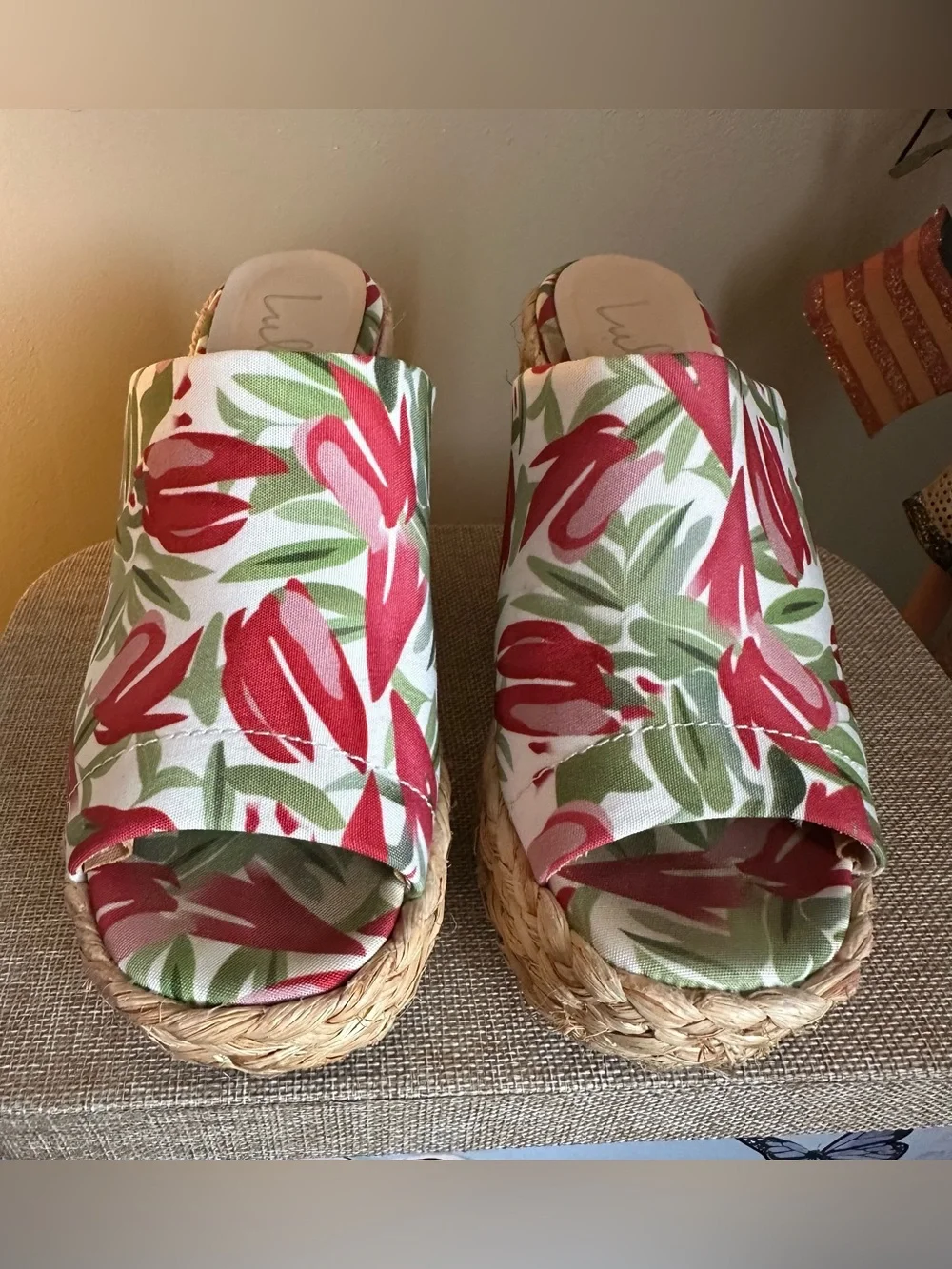Lulu’s Tropical Print Raffia Platform Slide Sandals / Mules - 6